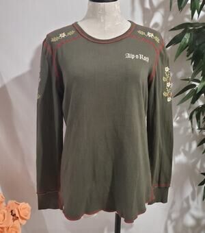 Vtg Alp n Rock Embroidered Long Sleeve Shirt S Olive Green Nordic Folk Art Ski
